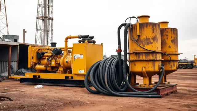 Portable diesel air compressor and abrasive blast pots with hoses staged on an oilfield yard