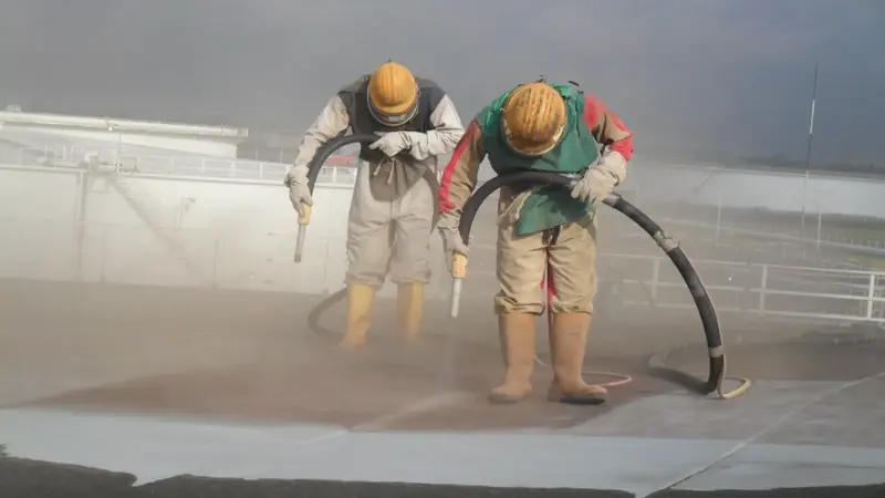 RUSCOL blasting crew in air-fed hoods grit blasting the floor of a crude oil storage tank