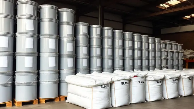 Pails of protective epoxy coating and sacks of blast abrasive stacked in a coatings warehouse