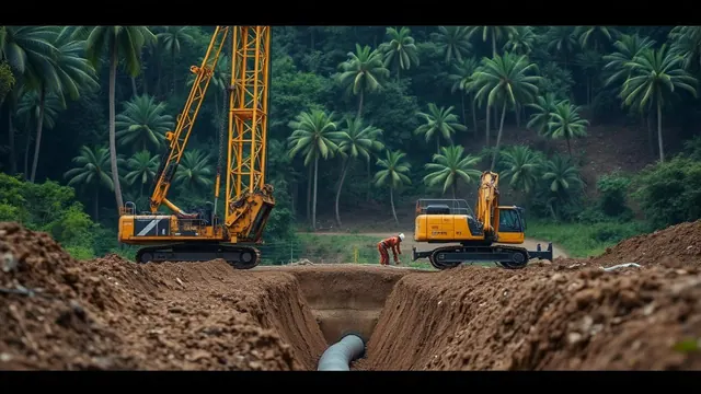 Side-boom pipelayer and hydraulic excavator lowering coated pipeline into a trench in tropical terrain