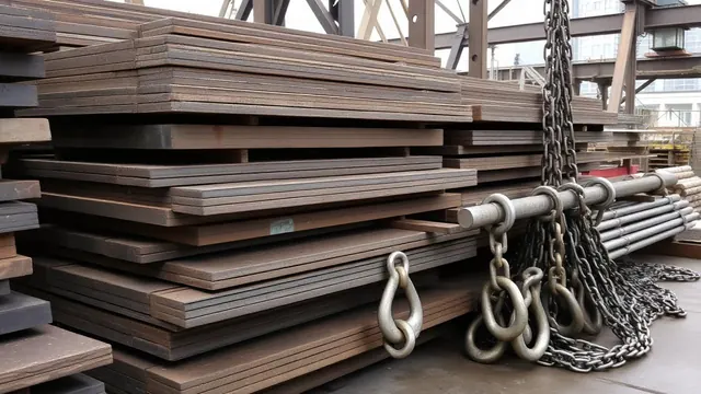 Stacked marine grade steel plates with shackles, chain and scaffolding tube at a fabrication yard