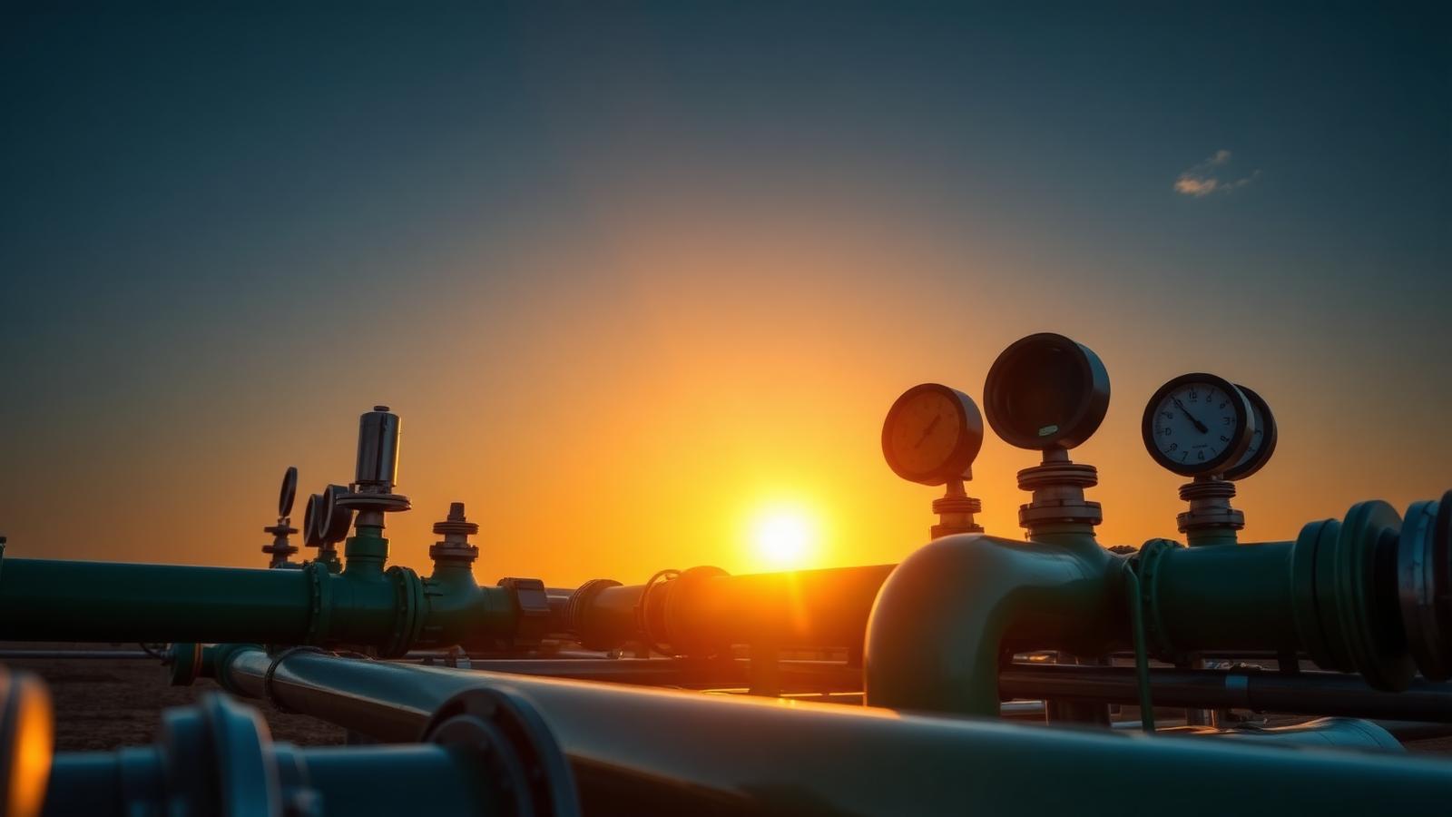 Oilfield pipework and manifold at sunset