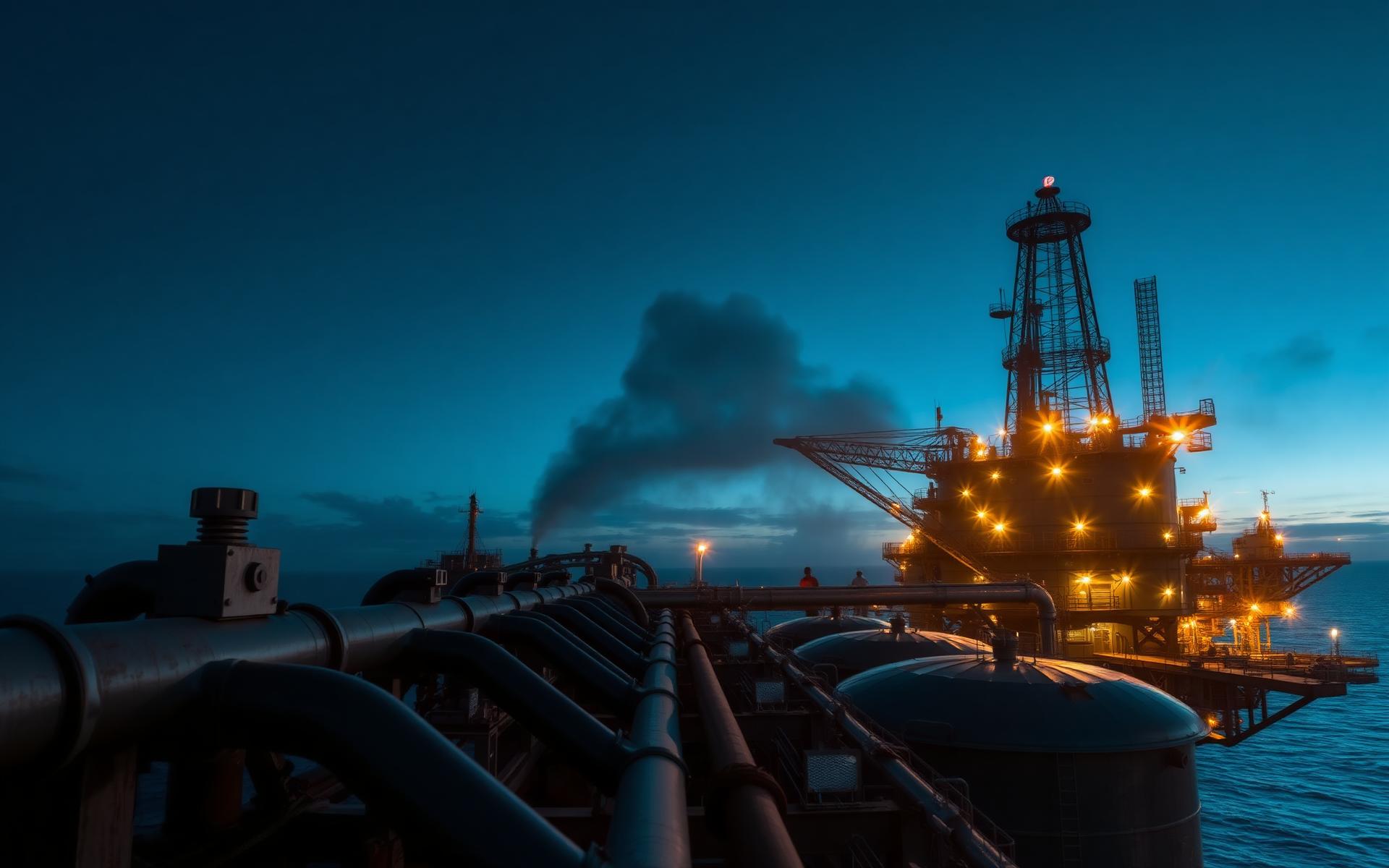 Escravos offshore oil and gas platform at dusk