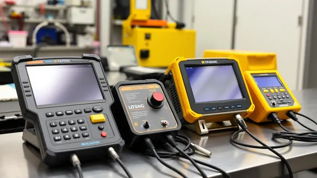 Ultrasonic flaw detectors and coating thickness gauges with probes on a QA technician bench