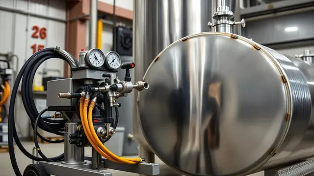 High-pressure airless spray pump with hoses and gauges beside a freshly coated steel vessel
