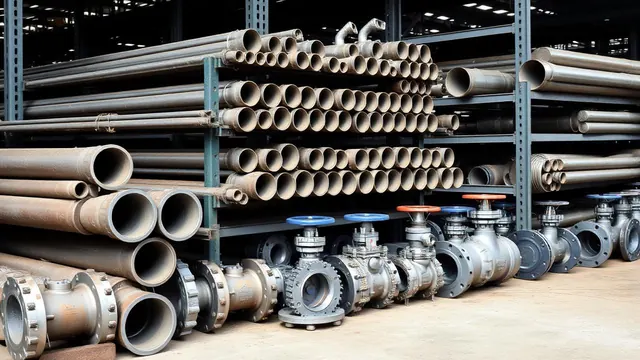 Racked carbon steel line pipe, flanges and gate valves in a pipeline supply yard