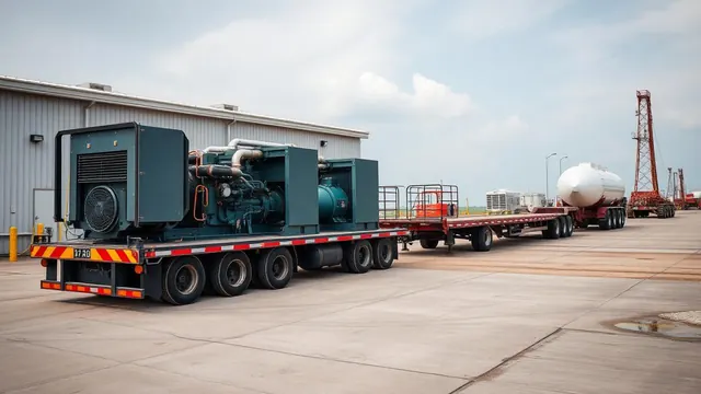 Diesel generator sets loaded on a low-bed heavy haulage trailer at an oilfield logistics yard