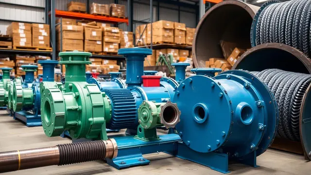 Centrifugal pumps, flanged pipework and cable drums stored in a supply warehouse