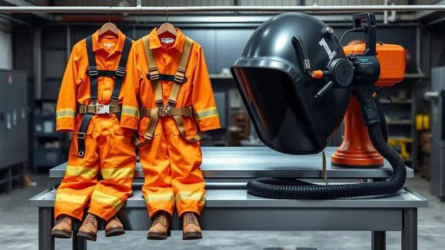 Flame-retardant coveralls, safety boots, fall-arrest harness and an air-fed blasting hood laid out